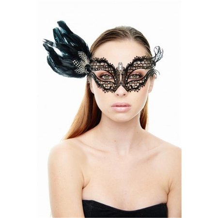 SUPRISEITSME Mysterious Elegance Black Laser Cut Masquerade Mask with Black Feather Arrangement One Size SU1592200